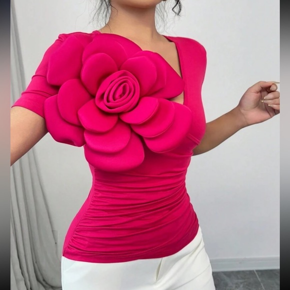 Tops - Deep V-Neck 3D Flower Ruched Waist Slim Fit Short Sleeve Top Blouse Shirt Pink
